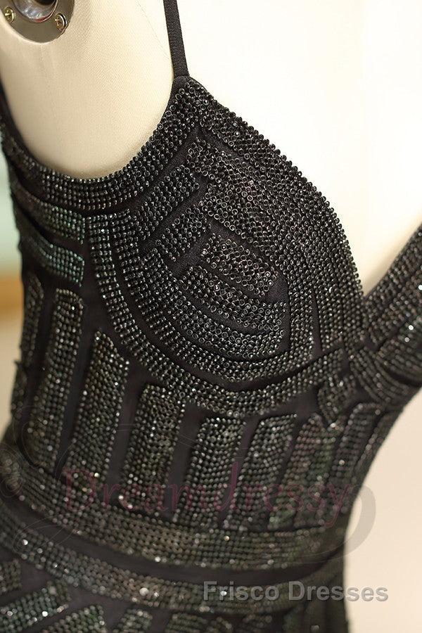 Mermaid Spaghetti Strap Black Beading Long Formal Prom Dress