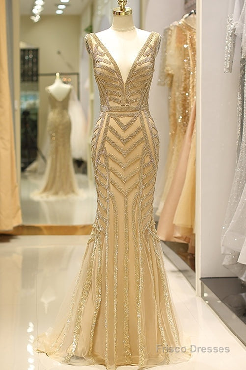 Elegant Mermaid Deep V Neck Gold Beaded Long Prom Dress Main image
