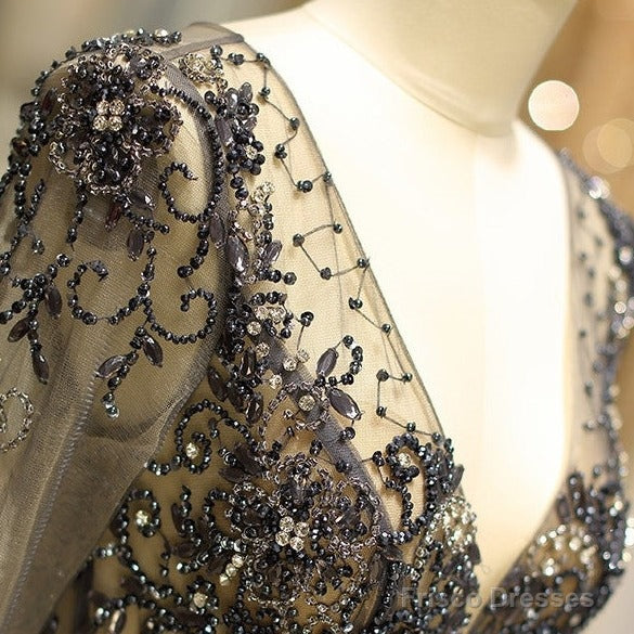 Long Sleeve Grey Beaded Long Prom Dress