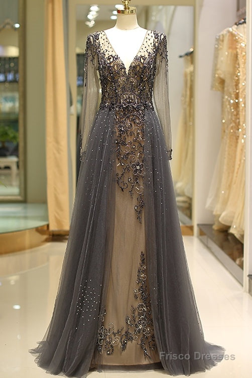 Long Sleeve Grey Beaded Long Prom Dress Main image