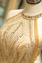 Mermaid High Neck Gold Beaded Long Formal Evening Dress