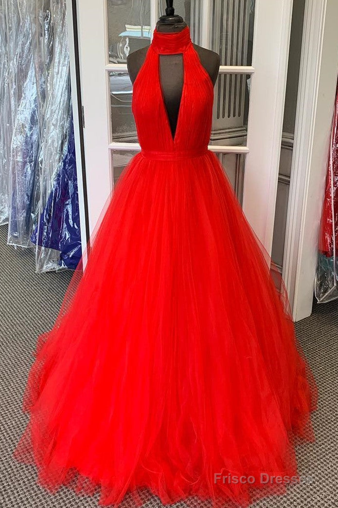 Halter Ruched Long Red Prom Dress with Open Back Secondary image