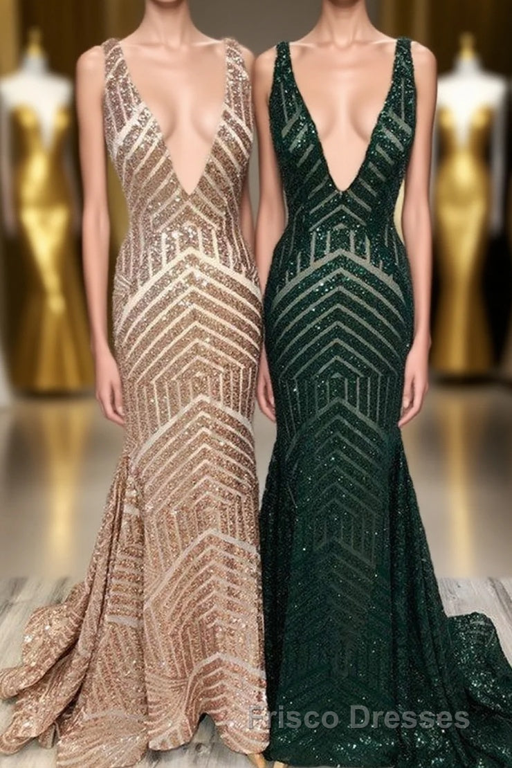 Sparkle Sequins V-Neck Mermaid Long Formal Prom Dress