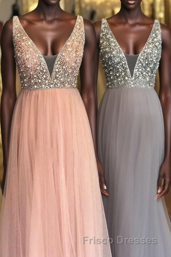 Princess Illusion V Blush Pink Formal Prom Dress with Beading