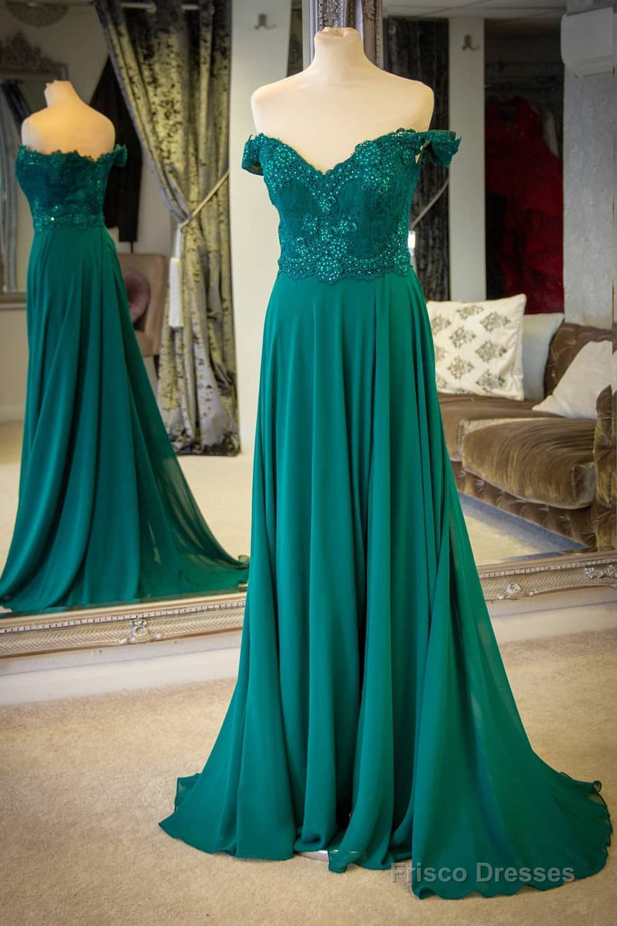 Off the Shoulder A-Line Chiffon Emerald Green Prom Dress Main image