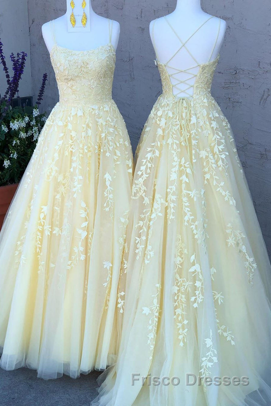 Princess Straps Long Formal Prom Dress with Lace Appliques