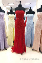 Strapless Light Blue Lace Long Formal Prom Dress with Slit