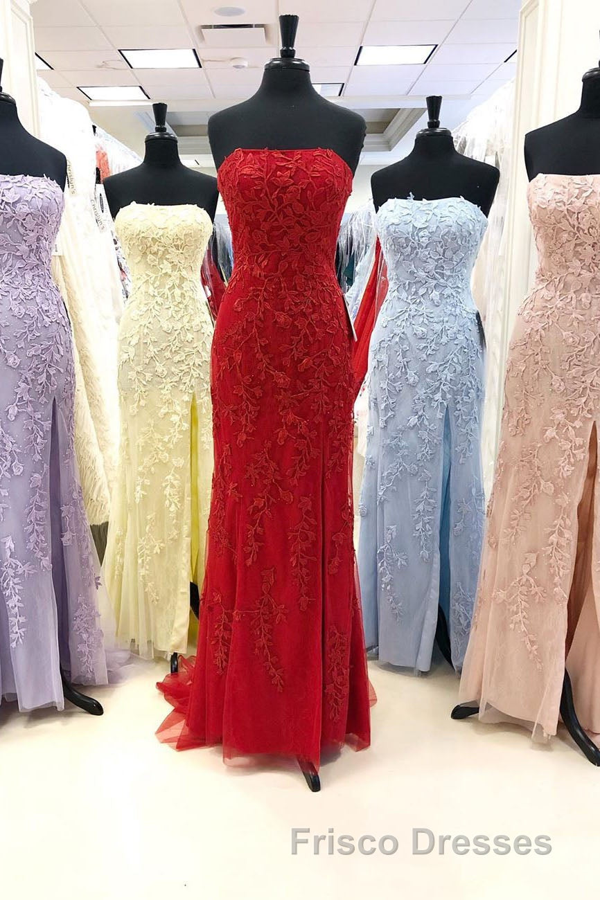 Strapless Light Blue Lace Long Formal Prom Dress with Slit