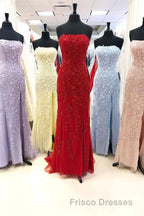 Strapless Light Blue Lace Long Formal Prom Dress with Slit