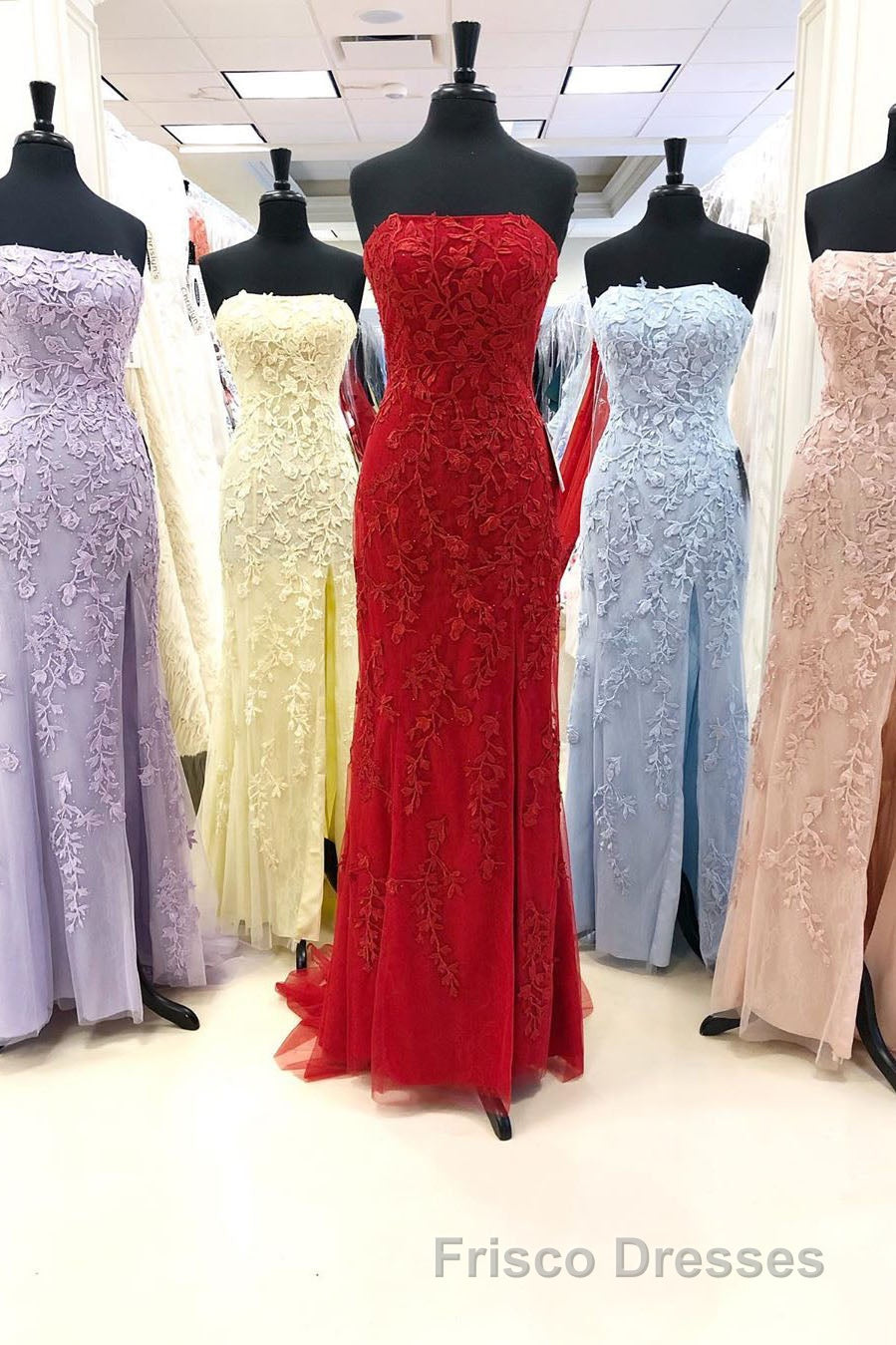 Strapless Light Blue Lace Long Formal Prom Dress with Slit