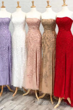 Strapless Light Blue Lace Long Formal Prom Dress with Slit