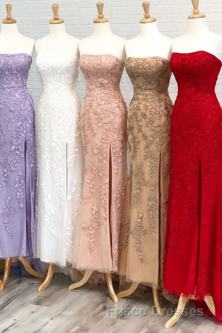 Strapless Light Blue Lace Long Formal Prom Dress with Slit