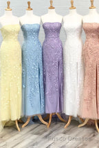 Strapless Light Blue Lace Long Formal Prom Dress with Slit