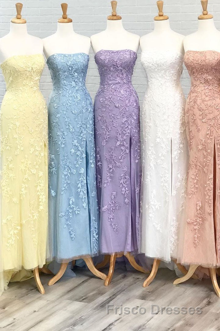 Strapless Light Blue Lace Long Formal Prom Dress with Slit