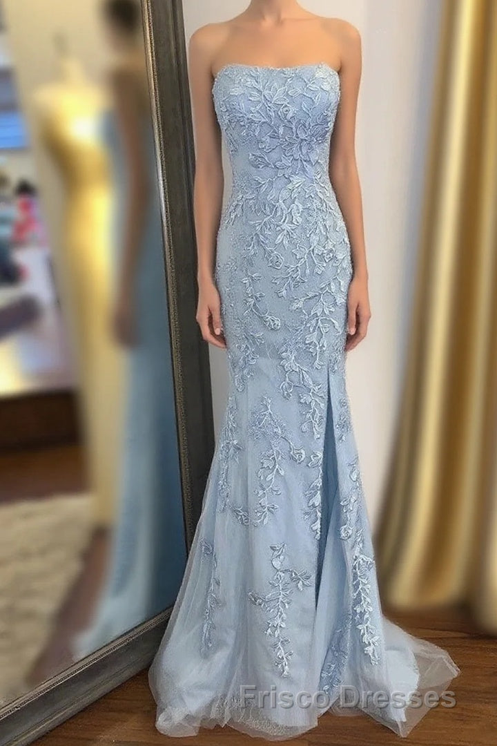 Strapless Light Blue Lace Long Formal Prom Dress with Slit Main image