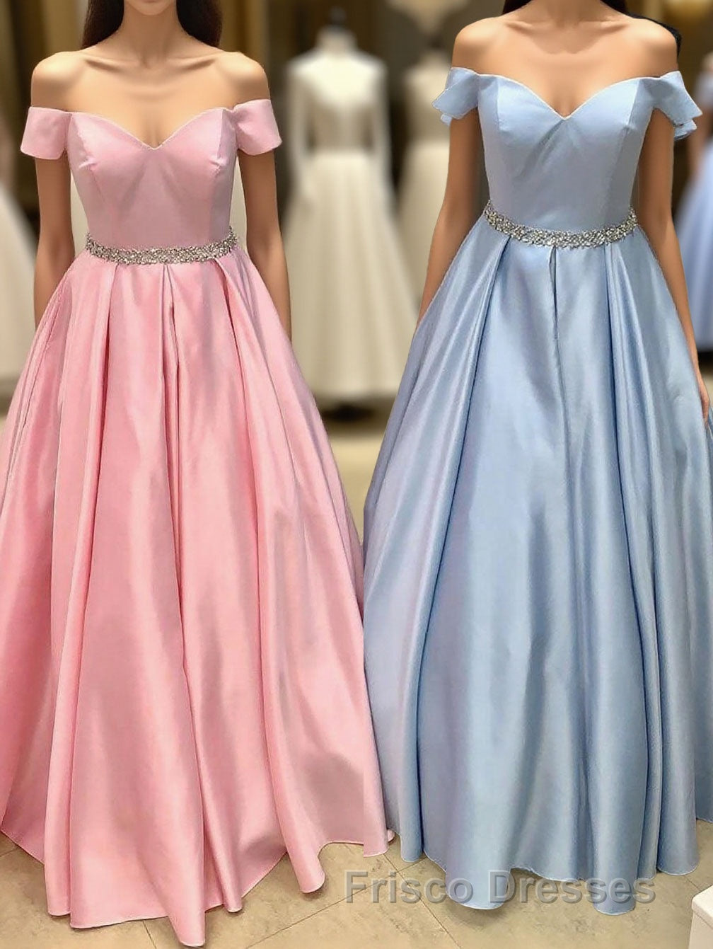 Elegant Off the Shoulder Satin Beaded Long Formal Prom Dress Main image