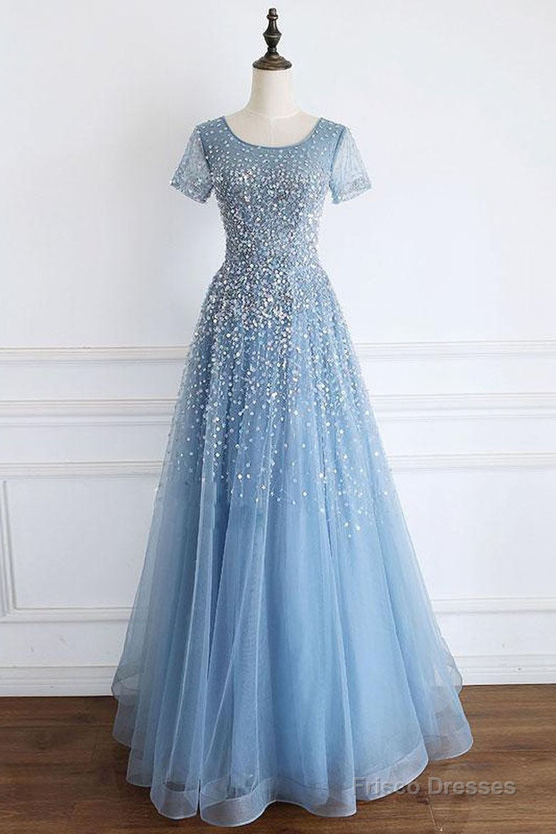 Elegant Cap Sleeves Blue Long Prom Dress with Lace-up Back Secondary image