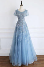 Elegant Cap Sleeves Blue Long Prom Dress with Lace-up Back