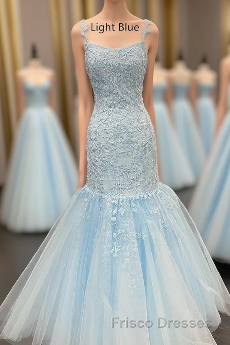 Straps Mermaid Light Blue Lace Appliqued Long Formal Prom Dress Main image