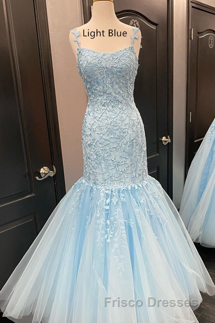 Straps Mermaid Light Blue Lace Appliqued Long Formal Prom Dress Secondary image
