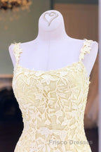 Straps Mermaid Light Blue Lace Appliqued Long Formal Prom Dress