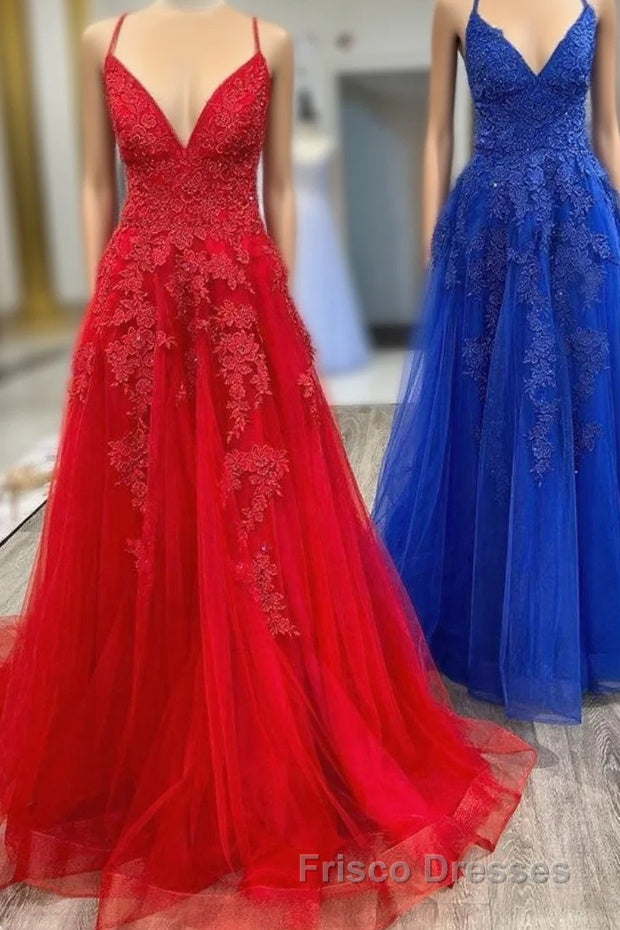Elegant V Neck A-Line Red Appliqued Long Formal Prom Dress Main image