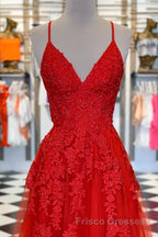 Elegant V Neck A-Line Red Appliqued Long Formal Prom Dress