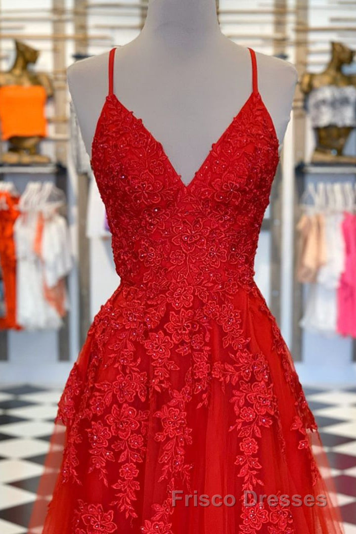 Elegant V Neck A-Line Red Appliqued Long Formal Prom Dress