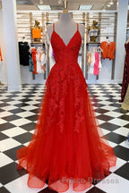 Elegant V Neck A-Line Red Appliqued Long Formal Prom Dress