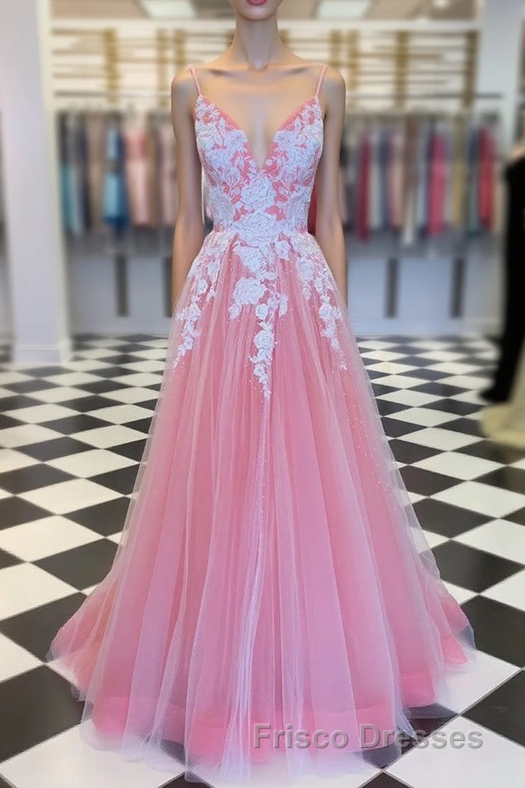Elegant V Neck Lace-Up Back Pink Long Formal Prom Dress with Appliques Main image