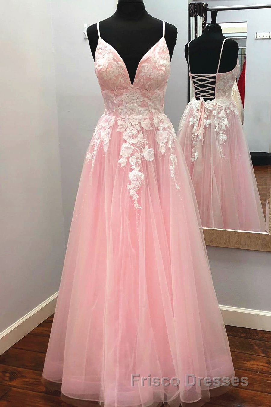 Elegant V Neck Lace-Up Back Pink Long Formal Prom Dress with Appliques