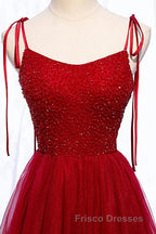 Straps Red Long Formal Prom Dress with Beaded Bodice