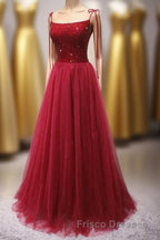 Straps Red Long Formal Prom Dress with Beaded Bodice
