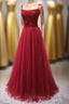 Straps Red Long Formal Prom Dress with Beaded Bodice