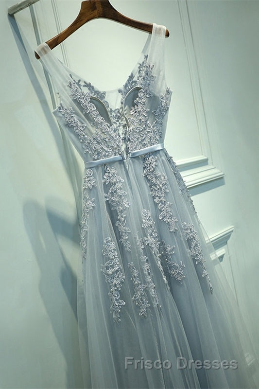 A-line Tulle Grey Long Formal Prom Dress