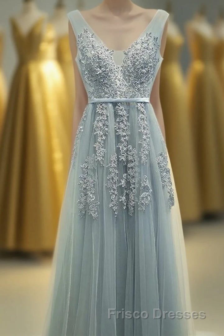 A-line Tulle Grey Long Formal Prom Dress Main image