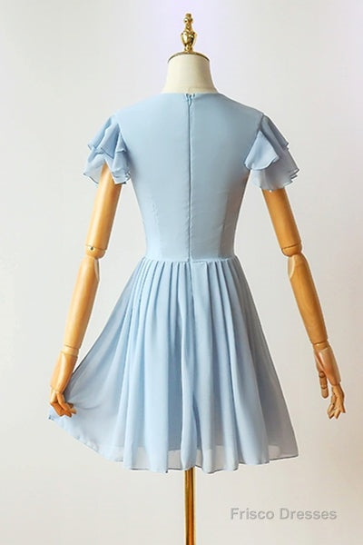 Flutter Sleeves Blue Chiffon Short Homecoming Dress Main image