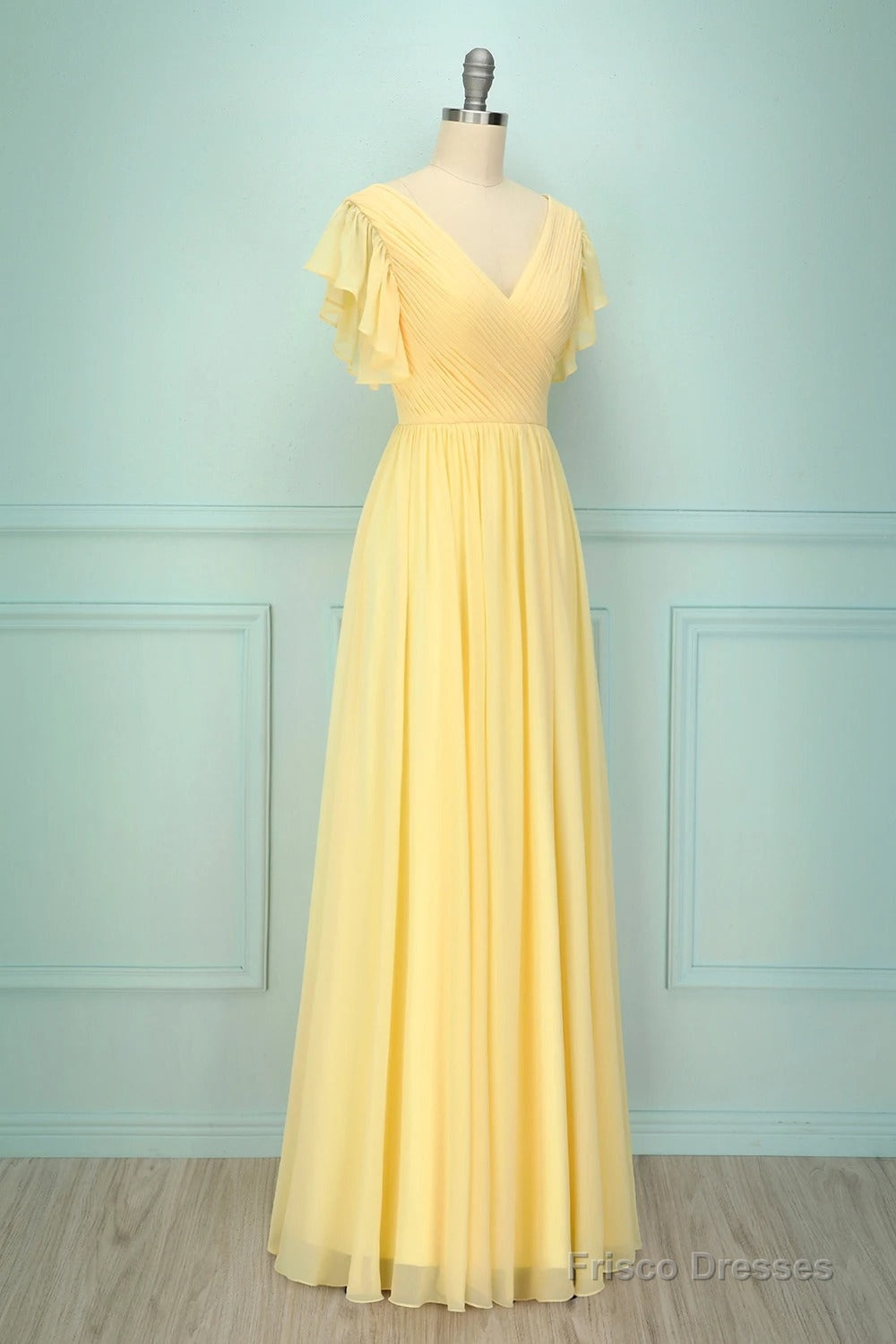 Elegant V Neck Pleated Yellow Bridesmaid Dress with Ruffles Secondary image