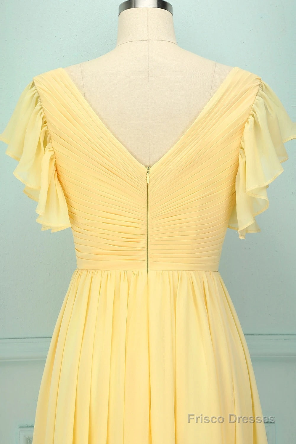 Elegant V Neck Pleated Yellow Bridesmaid Dress with Ruffles
