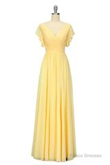 Elegant V Neck Pleated Yellow Bridesmaid Dress with Ruffles