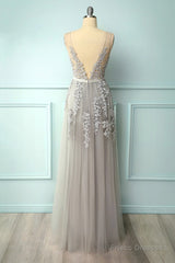 A-line Low V-Back Grey Bridesmaid Dress with Lace