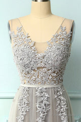 A-line Low V-Back Grey Bridesmaid Dress with Lace