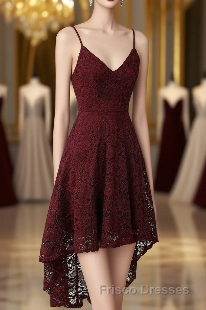 Spaghetti Strap High-Low Burgundy Lace Bridesmaid Dress Main image
