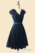 A-Line Cap Sleeve Navy Blue Bridesmaid Dress with Belt