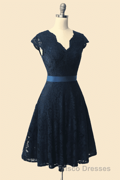 A-Line Cap Sleeve Navy Blue Bridesmaid Dress with Belt