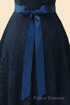 A-Line Cap Sleeve Navy Blue Bridesmaid Dress with Belt