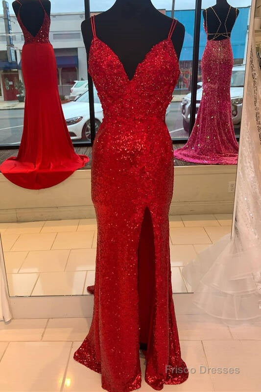 Sparkle Red Mermaid Sequined Prom Dress with Slit Main image