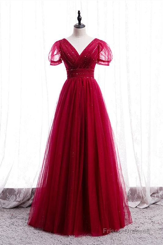 Classic Red V-Neck Beaded Long Formal Dress Main image