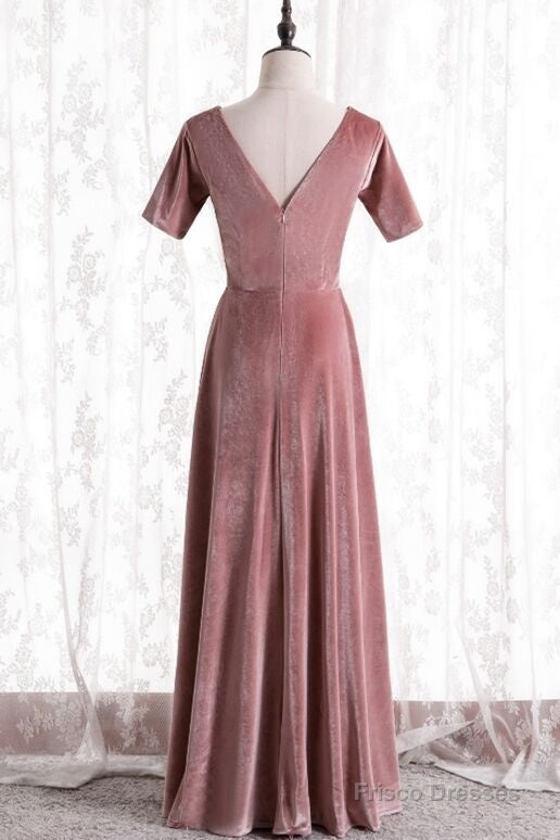 Blush Velvet Long Party Dress with Short Sleeves Main image