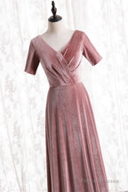 Blush Velvet Long Party Dress with Short Sleeves